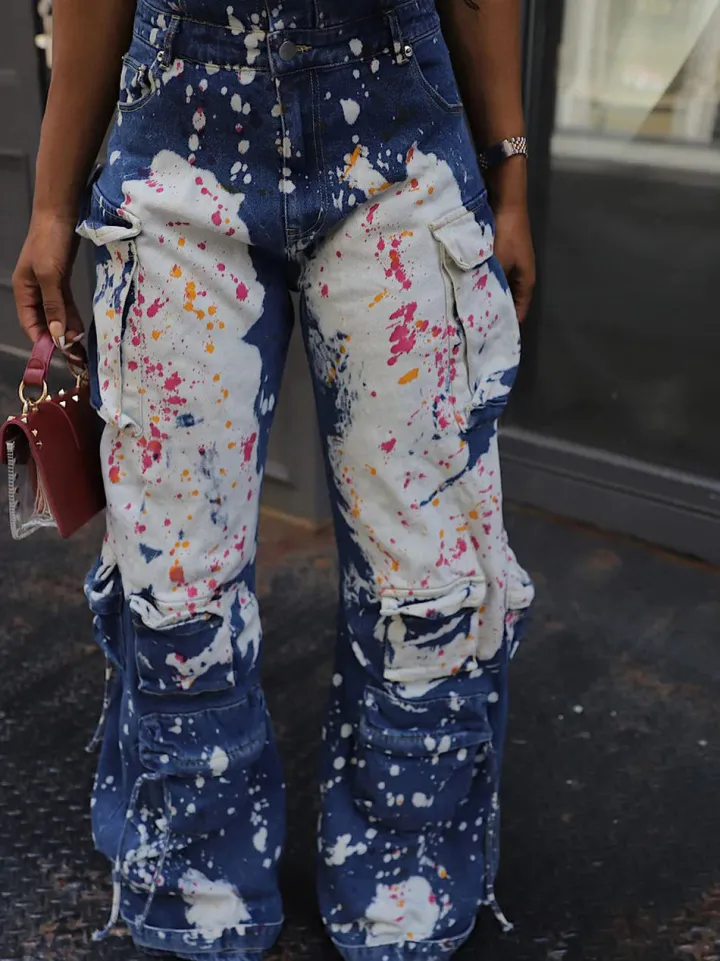 Strapless Color Paint Cargo Denim Jumpsuit