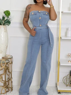 Strapless Flared Leg Denim Jumpsuit