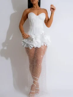 Strapless Glitter Mesh Flowers Mini Dress