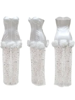 Strapless Glitter Mesh Flowers Mini Dress