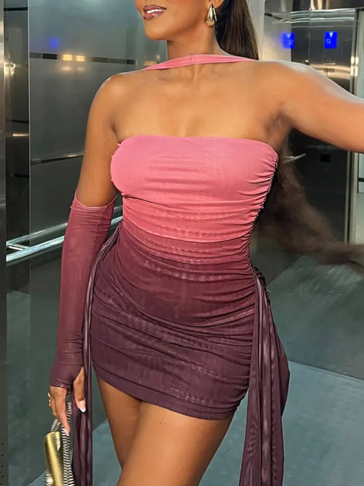 Strapless Mesh Mini Dress with Scarf Gloves