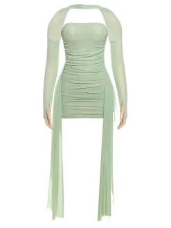 Strapless Mesh Mini Dress with Scarf Gloves