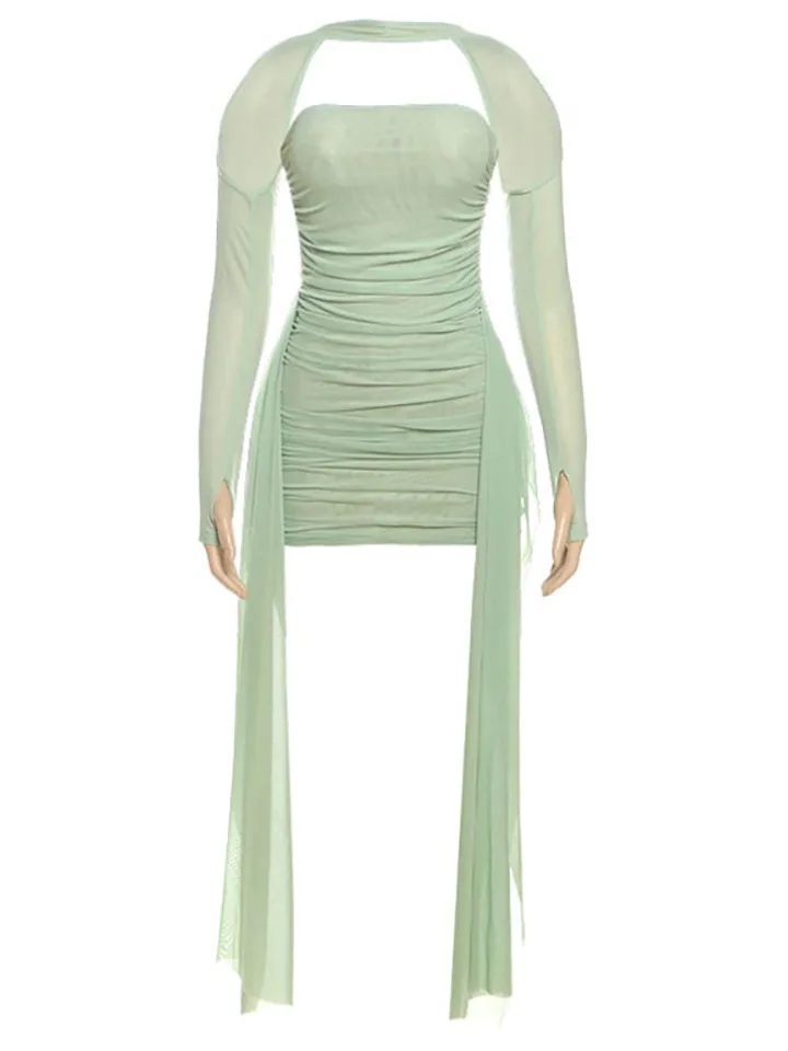 Strapless Mesh Mini Dress with Scarf Gloves