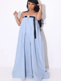 Strapless Tube Belted Wide Leg Jumpsuit