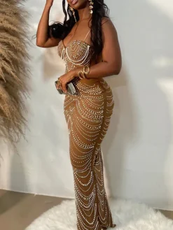 Strappy Rhinestone Mesh Maxi Dress