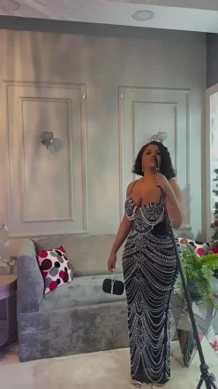 Strappy Rhinestone Mesh Maxi Dress