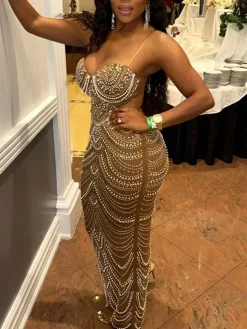 Strappy Rhinestone Mesh Maxi Dress