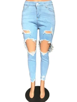 Stretchy Mid Waist Skinny Ripped Distressed Denim Jeans