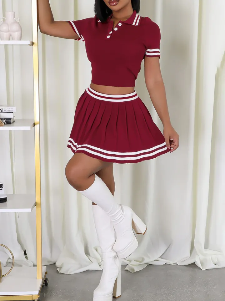 Stripe Knit Polo Crop Top Pleated Skirt Set