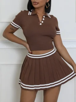 Stripe Knit Polo Crop Top Pleated Skirt Set
