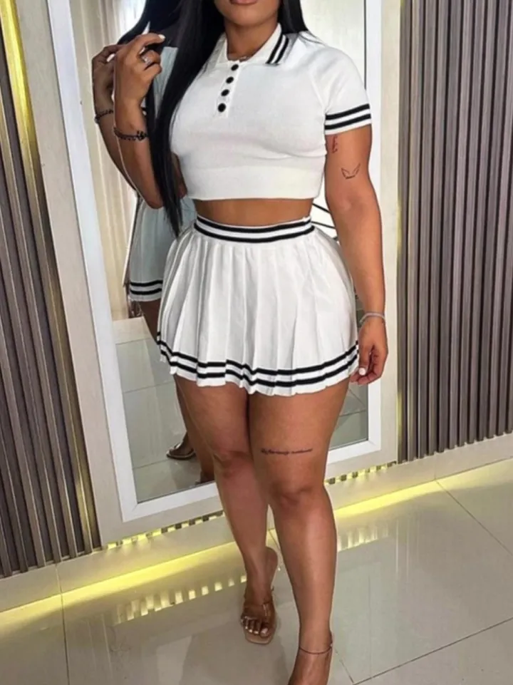Stripe Knit Polo Crop Top Pleated Skirt Set