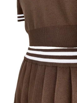 Stripe Knit Polo Crop Top Pleated Skirt Set