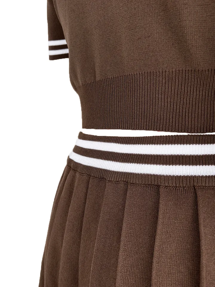 Stripe Knit Polo Crop Top Pleated Skirt Set