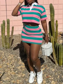 Striped Contrast Crop Top Skirt Set