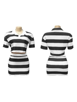 Striped Contrast Crop Top Skirt Set