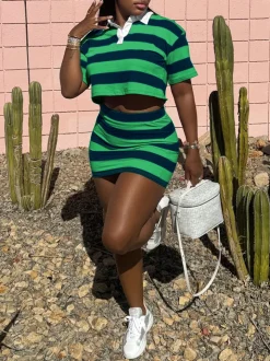Striped Contrast Crop Top Skirt Set