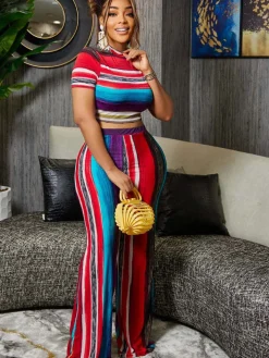 Striped Crop Top and Wide Leg Pants Set