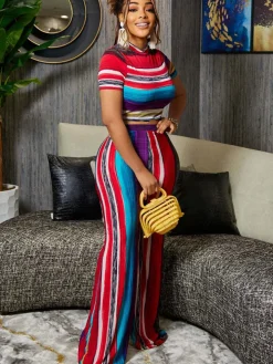 Striped Crop Top and Wide Leg Pants Set