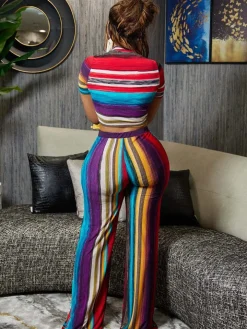 Striped Crop Top and Wide Leg Pants Set