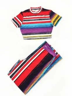 Striped Crop Top and Wide Leg Pants Set