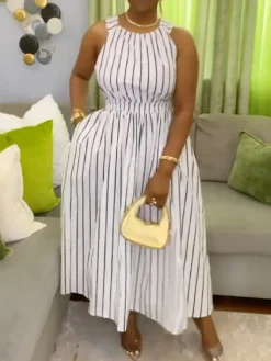 Striped Cross Strap Backless Flare Dress