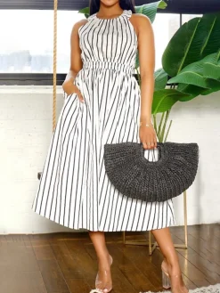 Striped Cross Strap Backless Flare Dress