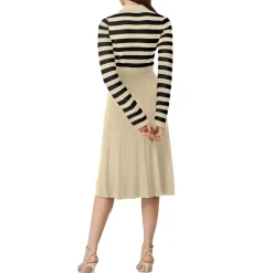 Striped Long Sleeve Button Ribbed Knit Dresses