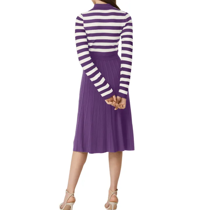 Striped Long Sleeve Button Ribbed Knit Dresses