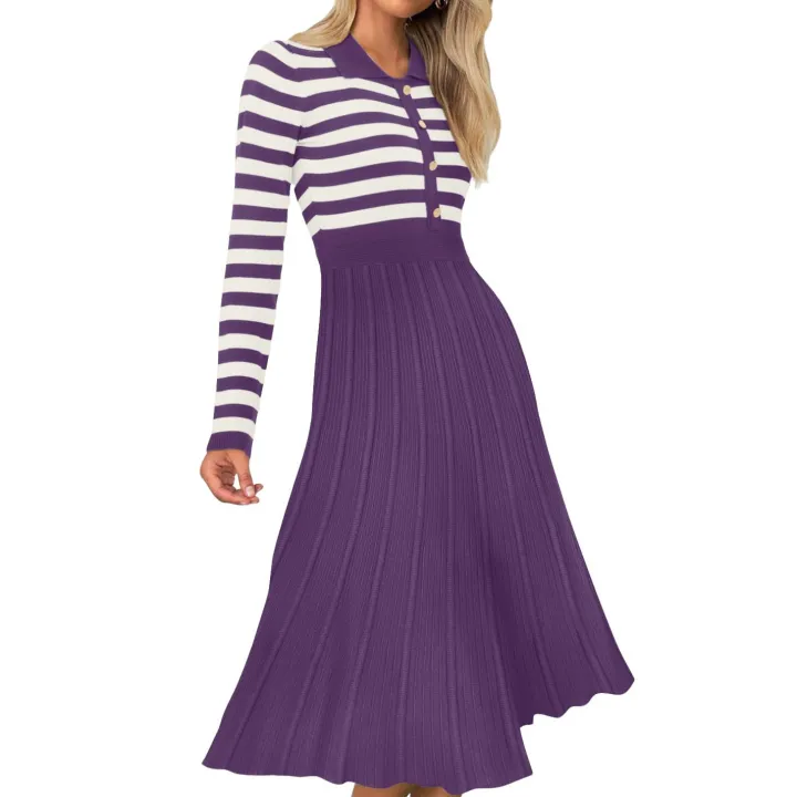Striped Long Sleeve Button Ribbed Knit Dresses
