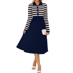 Striped Long Sleeve Button Ribbed Knit Dresses