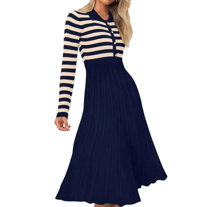 Striped Long Sleeve Button Ribbed Knit Dresses
