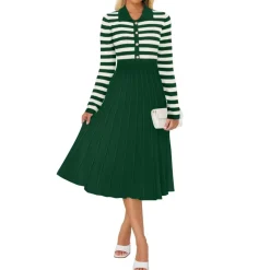Striped Long Sleeve Button Ribbed Knit Dresses