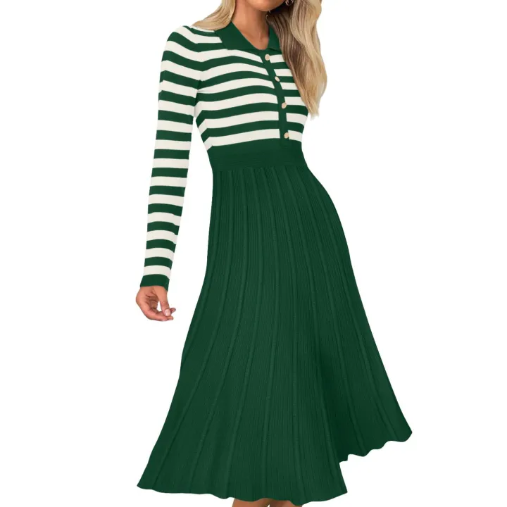 Striped Long Sleeve Button Ribbed Knit Dresses
