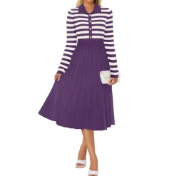 Striped Long Sleeve Button Ribbed Knit Dresses