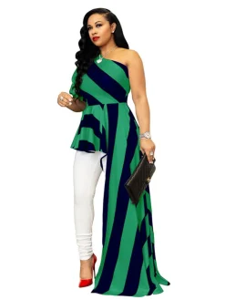 Striped One Shoulder High Low Irregular Blouse Top Dress