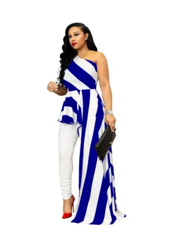 Striped One Shoulder High Low Irregular Blouse Top Dress
