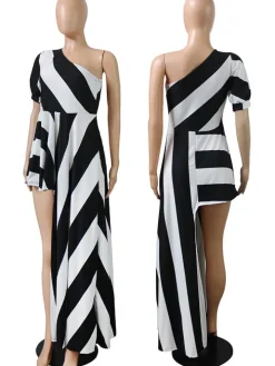 Striped One Shoulder High Low Irregular Blouse Top Dress