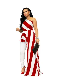 Striped One Shoulder High Low Irregular Blouse Top Dress