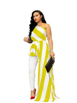 Striped One Shoulder High Low Irregular Blouse Top Dress