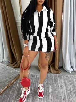 Striped Polo Crop Top Shorts Set