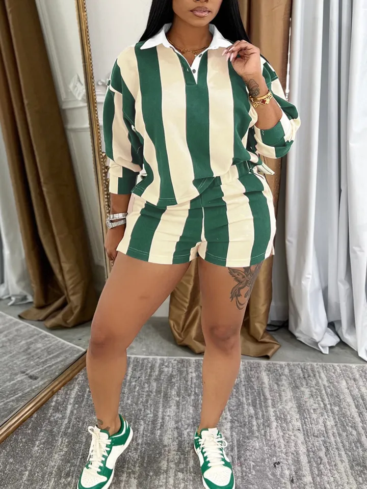 Striped Polo Crop Top Shorts Set