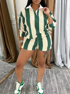 Striped Polo Crop Top Shorts Set