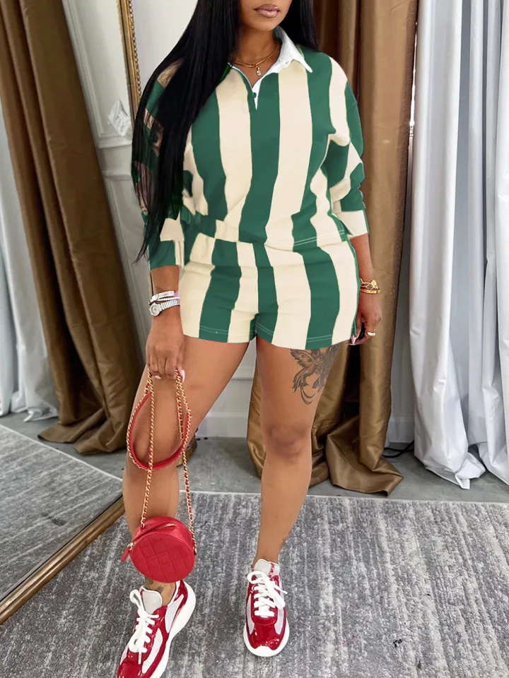 Striped Polo Crop Top Shorts Set