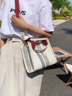 Striped Print Canvas Tote Shoulder Bags
