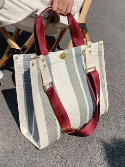 Striped Print Canvas Tote Shoulder Bags