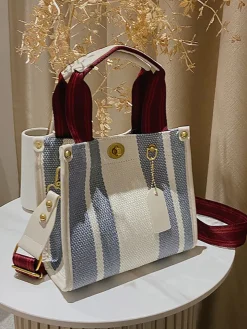 Striped Print Canvas Tote Shoulder Bags