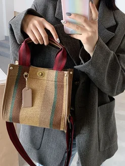 Striped Print Canvas Tote Shoulder Bags