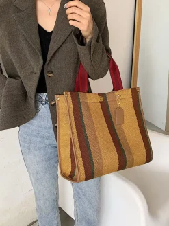 Striped Print Canvas Tote Shoulder Bags