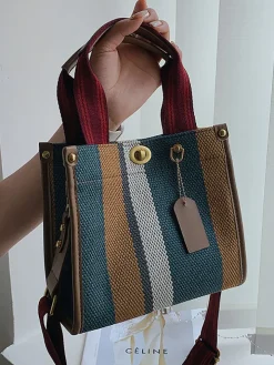 Striped Print Canvas Tote Shoulder Bags