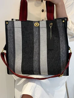 Striped Print Canvas Tote Shoulder Bags